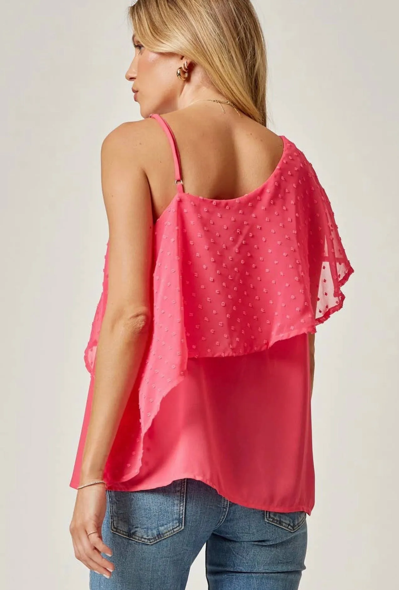 Andree by Unit Pink Sorbet Swiss Dot Mixed Shoulder Top