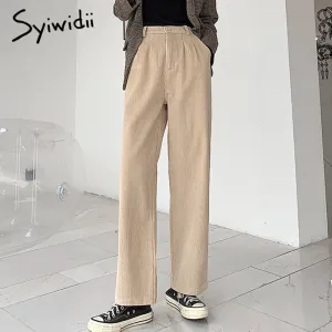Back to College Joskaa Women's Winter Thick Warm Corduroy Pants Vintage Wide Leg Loose Back Elastic Band Fall High Waist Brown Baggy Trousers