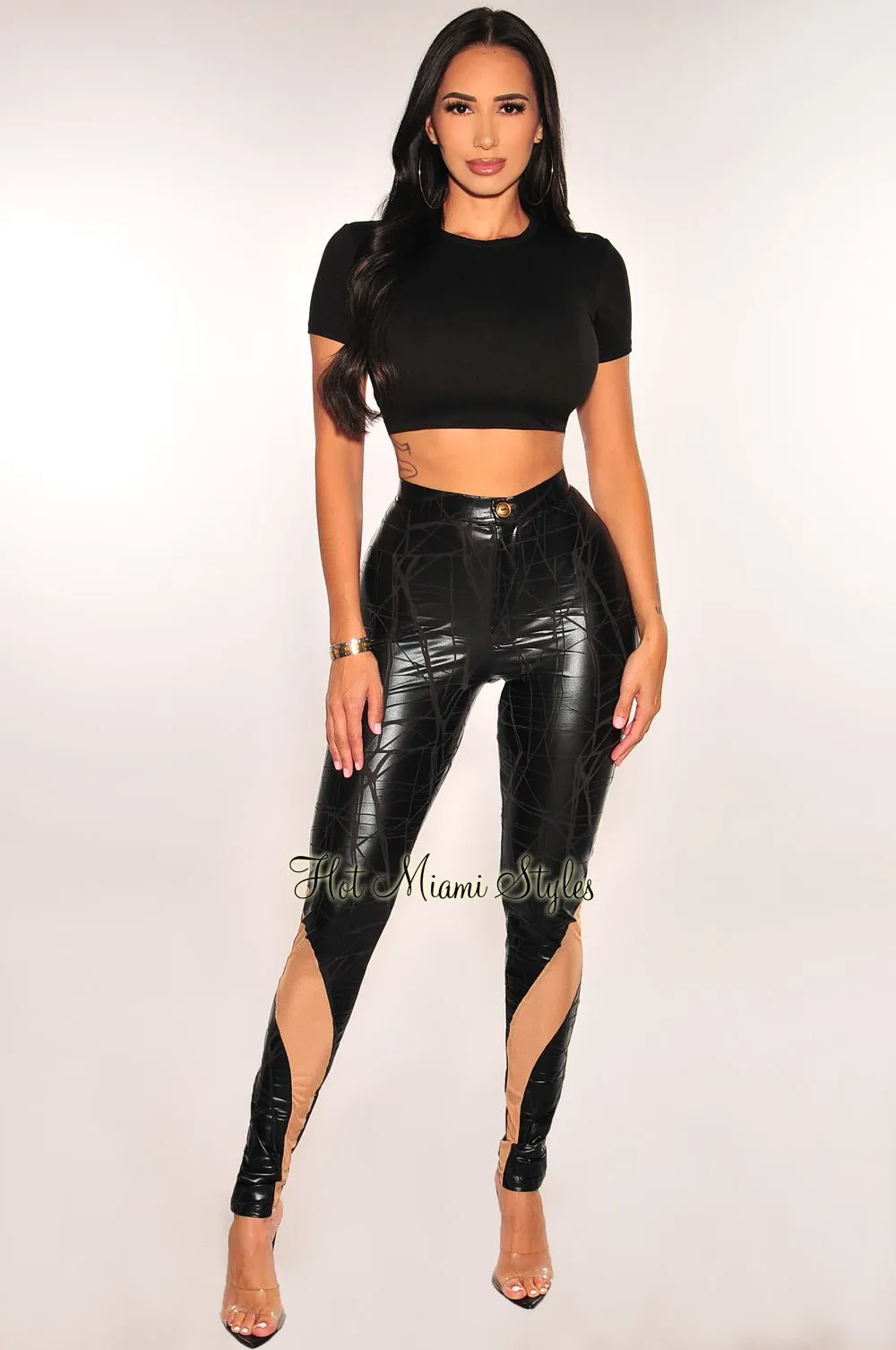 Black Faux Leather Crackle Mesh Nude Illusion Cut Out Pants