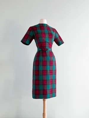Cheerful 1960's Holiday Green and Red Tartan Wiggle Dress / Sz Medium