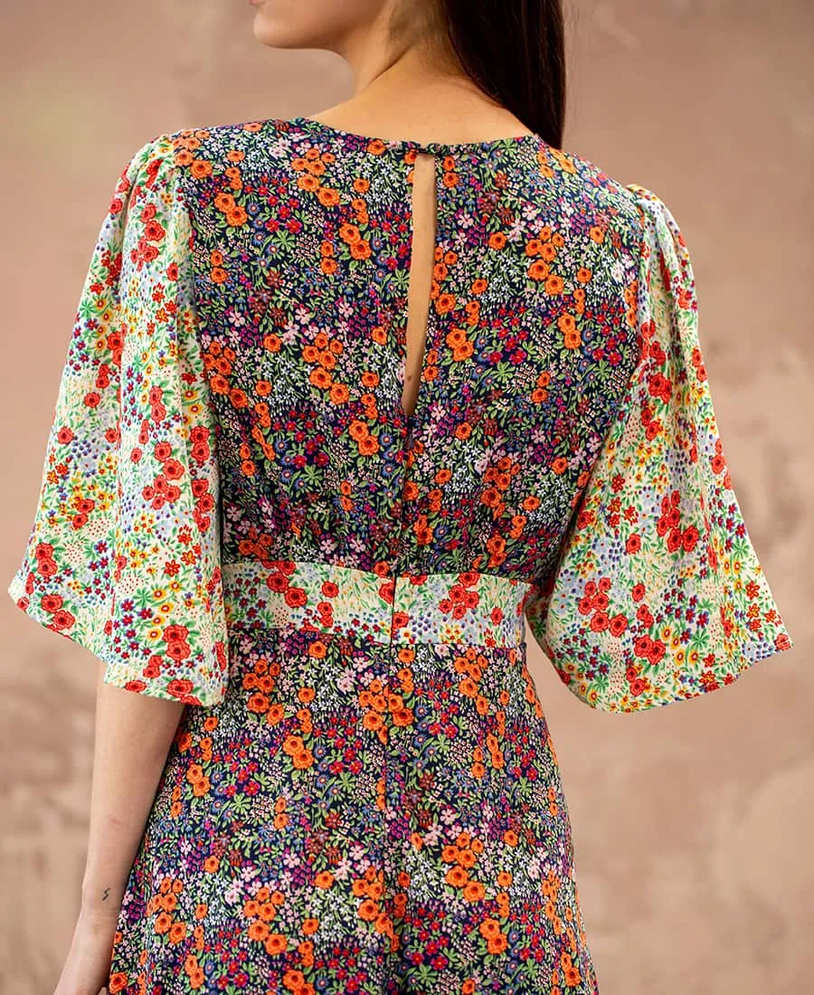 Contrast Floral Angel Sleeve Midi Dress