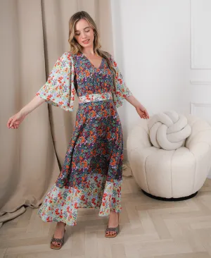 Contrast Floral Angel Sleeve Midi Dress