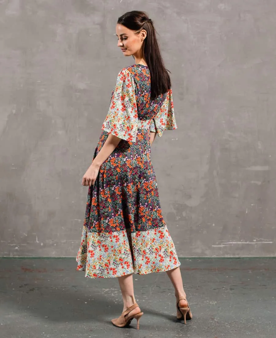 Contrast Floral Angel Sleeve Midi Dress
