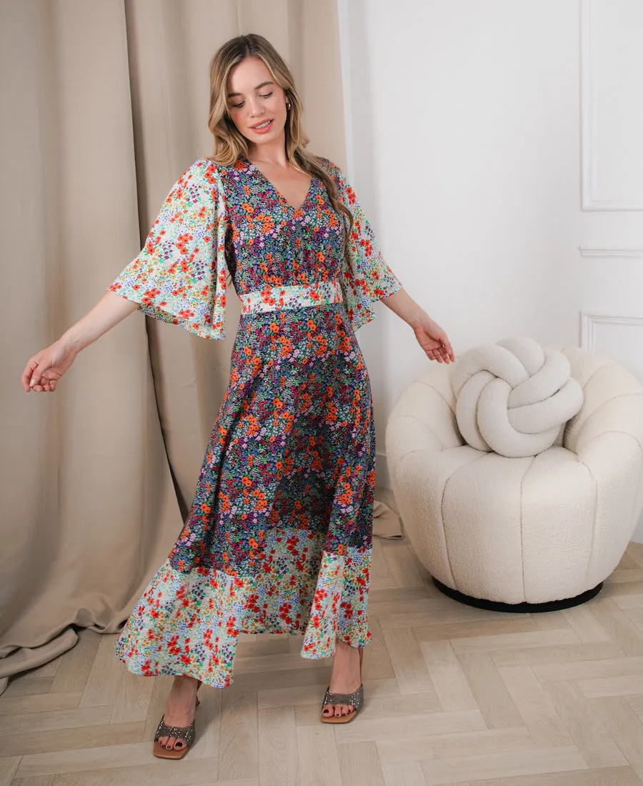 Contrast Floral Angel Sleeve Midi Dress