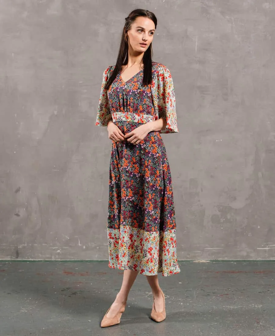 Contrast Floral Angel Sleeve Midi Dress