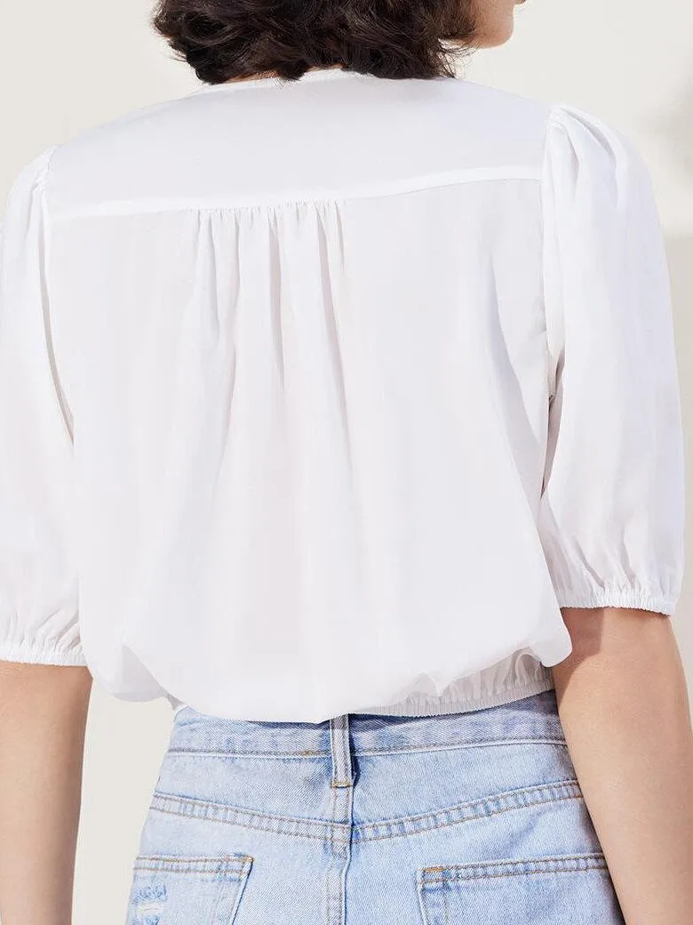 Contrast Lace Puff Sleeve Plicated Blouse