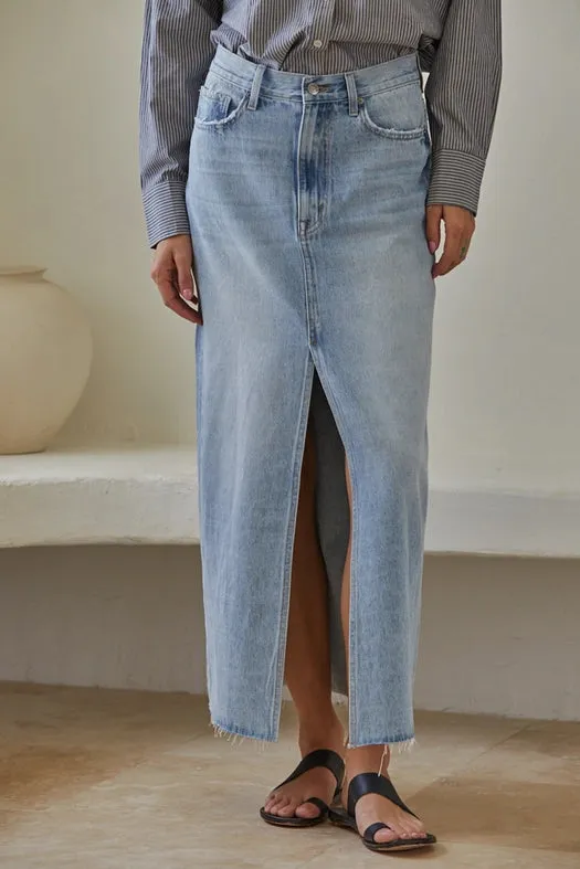 Denim Light Wash Cut Off Midi Skirt