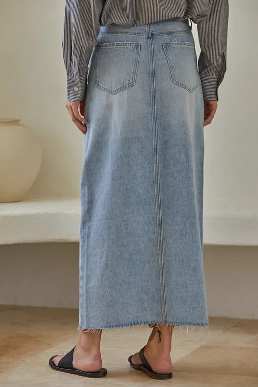Denim Light Wash Cut Off Midi Skirt