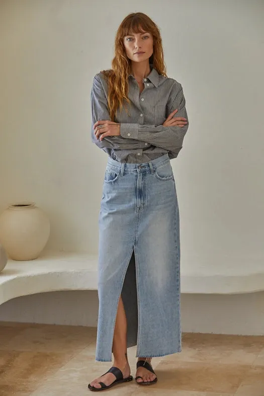 Denim Light Wash Cut Off Midi Skirt