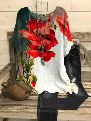 Dunnmall Women's Poppy Flower Printed Casual Top