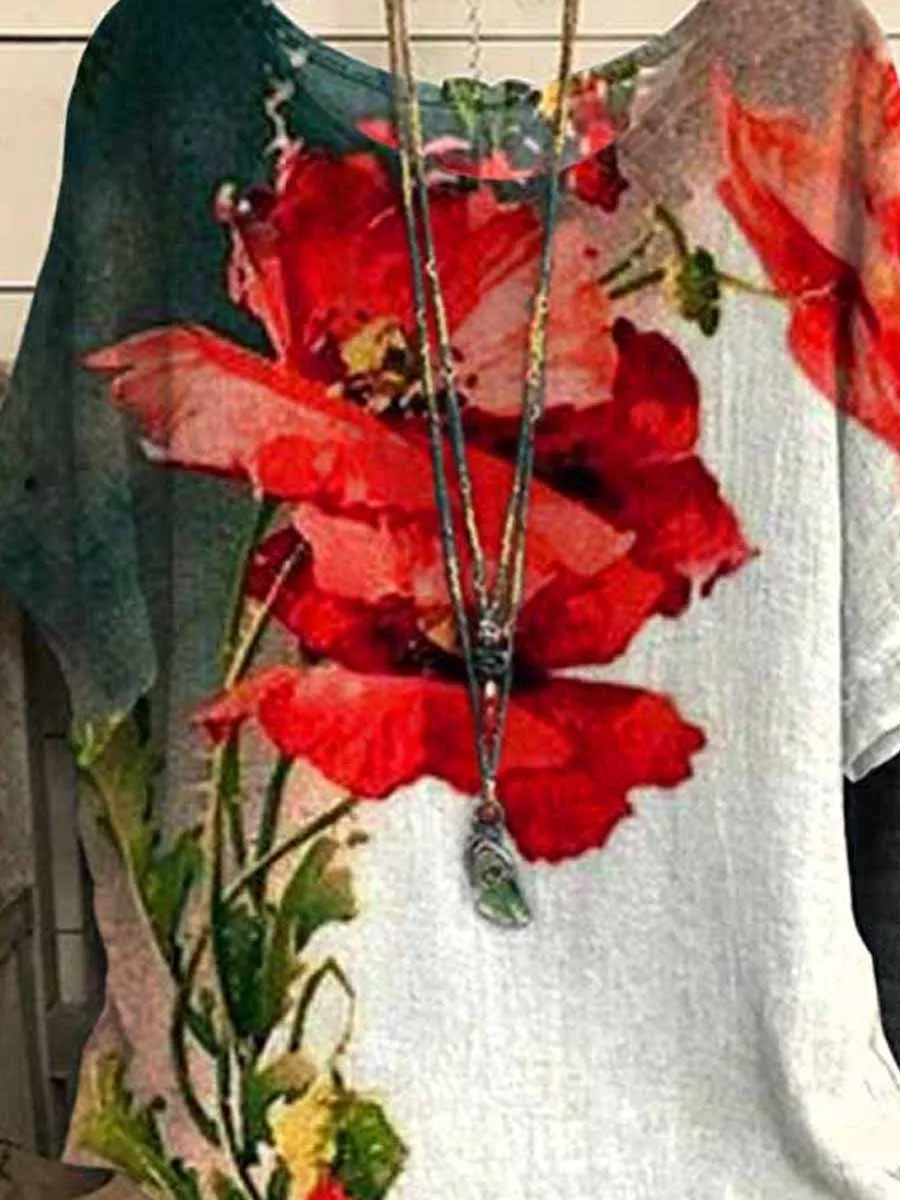 Dunnmall Women's Poppy Flower Printed Casual Top