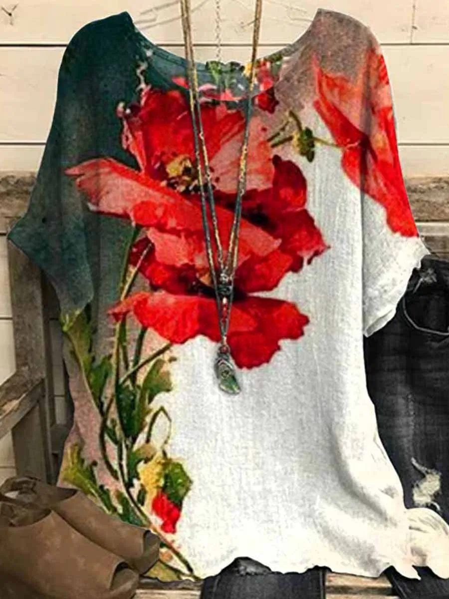 Dunnmall Women's Poppy Flower Printed Casual Top