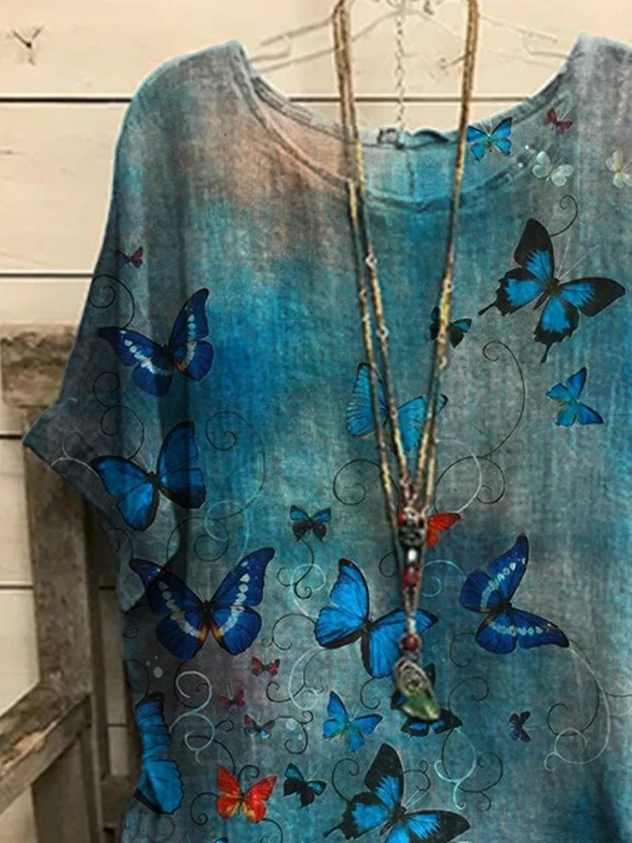 Dunnmall Women's Retro Butterfly Art Casual Top