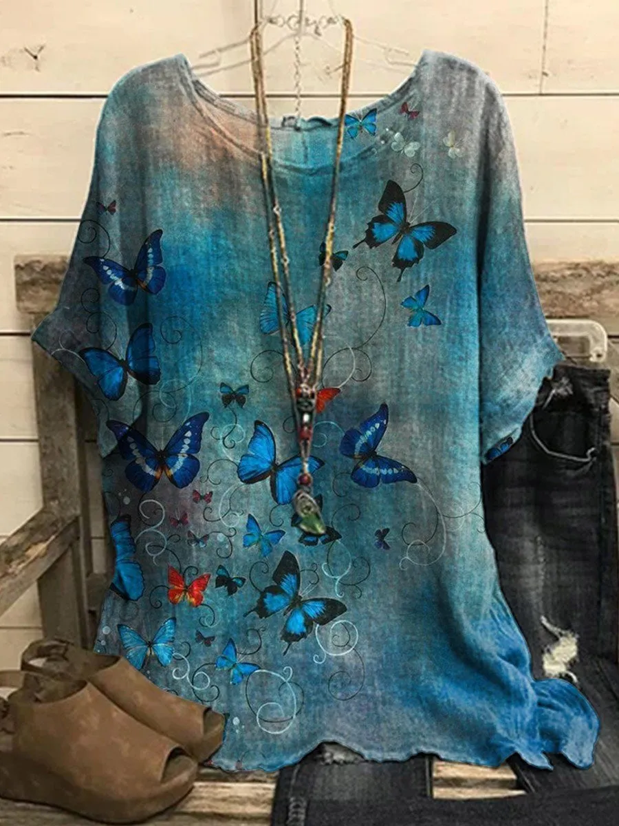 Dunnmall Women's Retro Butterfly Art Casual Top