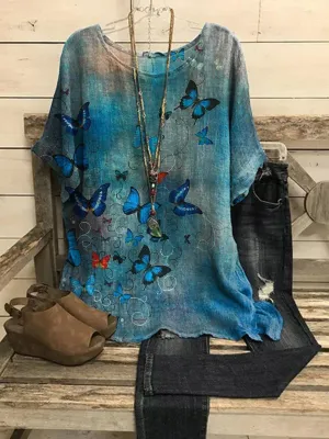 Dunnmall Women's Retro Butterfly Art Casual Top