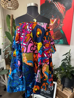 Elastic Off Shoulder Dress "Blue Mosaic"