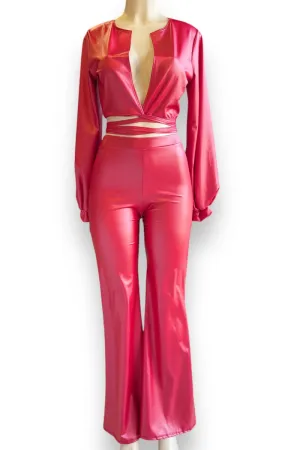 Faux Leather Self Tie Bomber Top and Wide Pants Set
