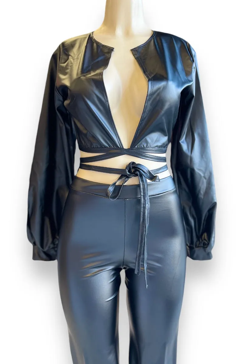 Faux Leather Self Tie Bomber Top and Wide Pants Set
