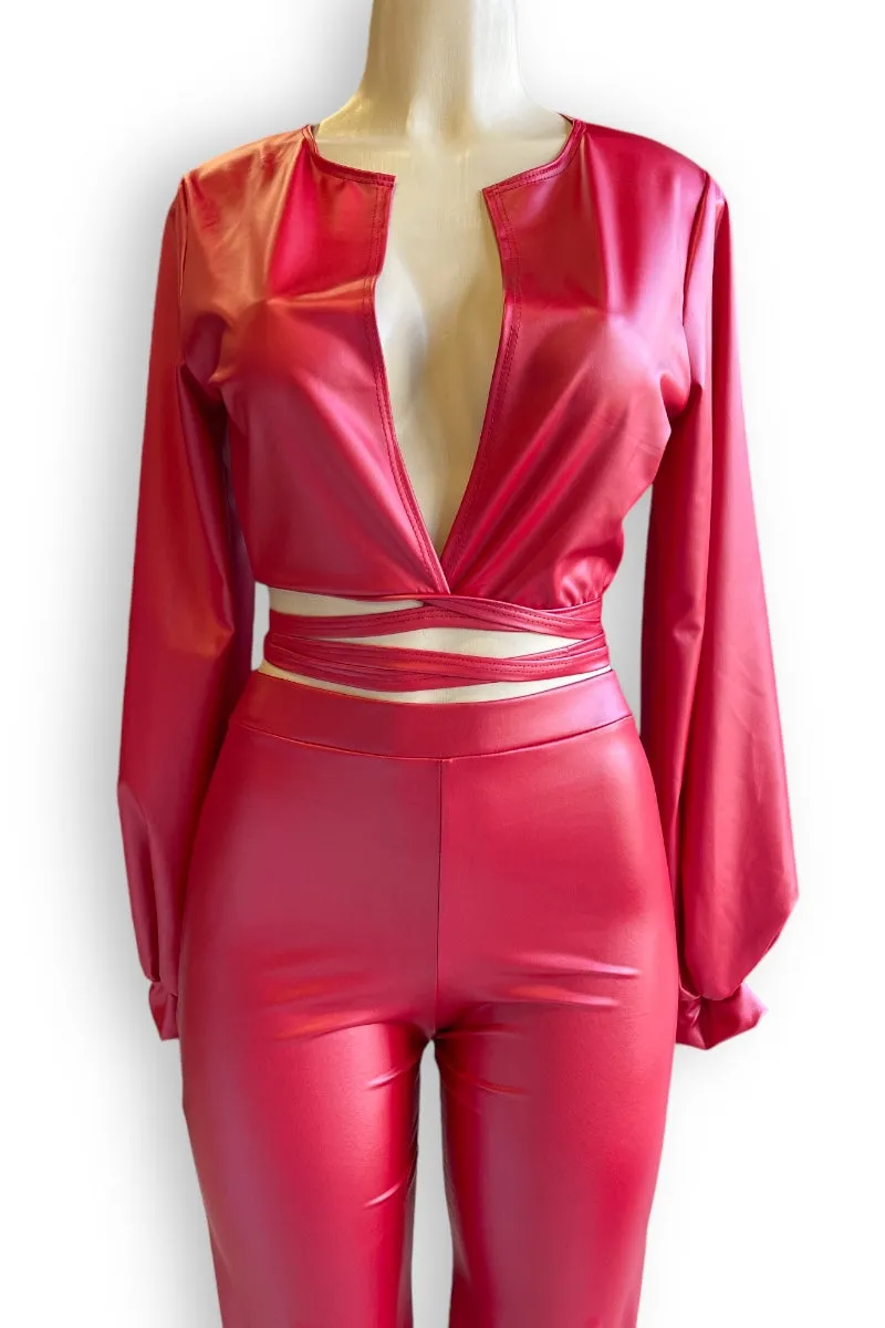 Faux Leather Self Tie Bomber Top and Wide Pants Set