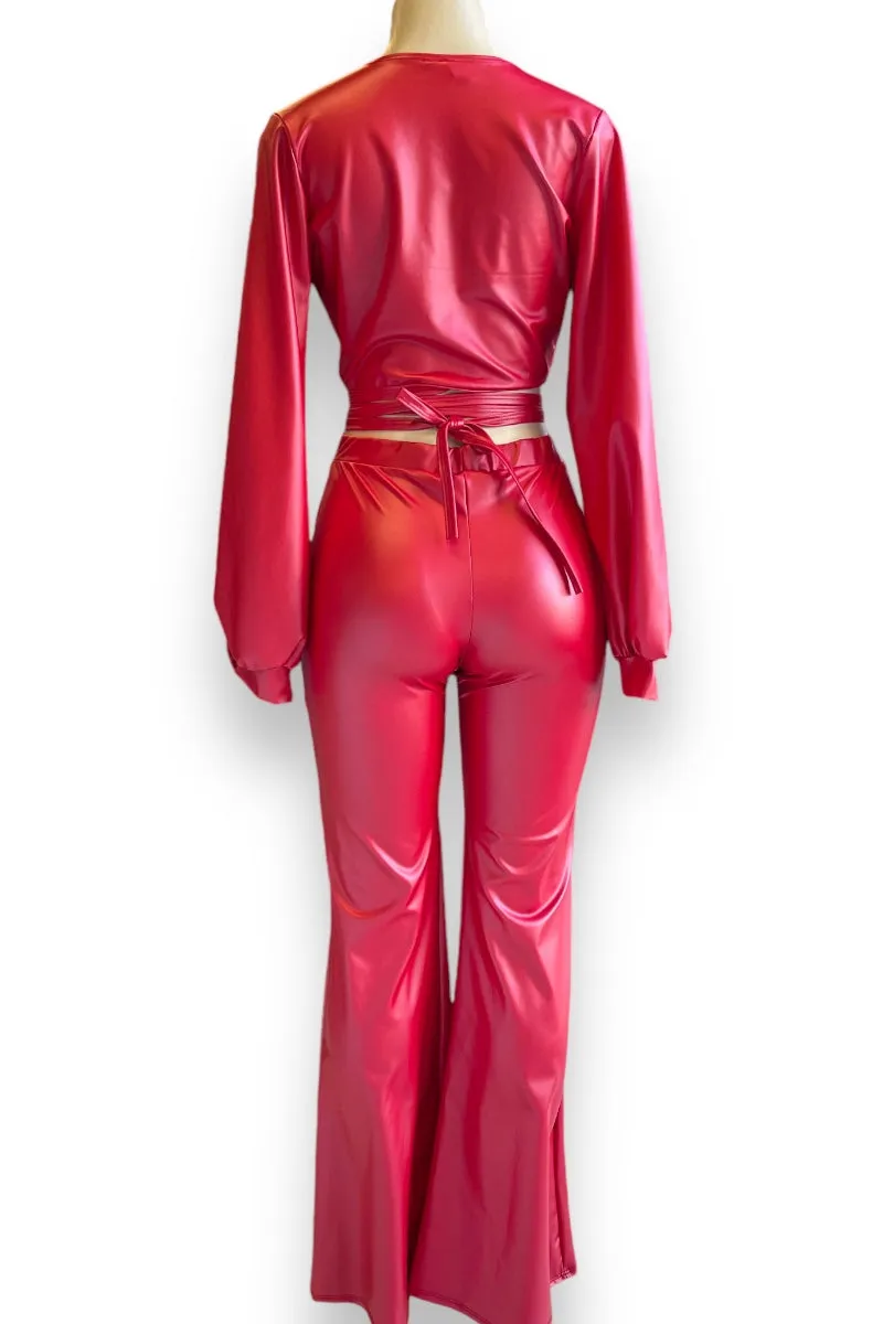 Faux Leather Self Tie Bomber Top and Wide Pants Set