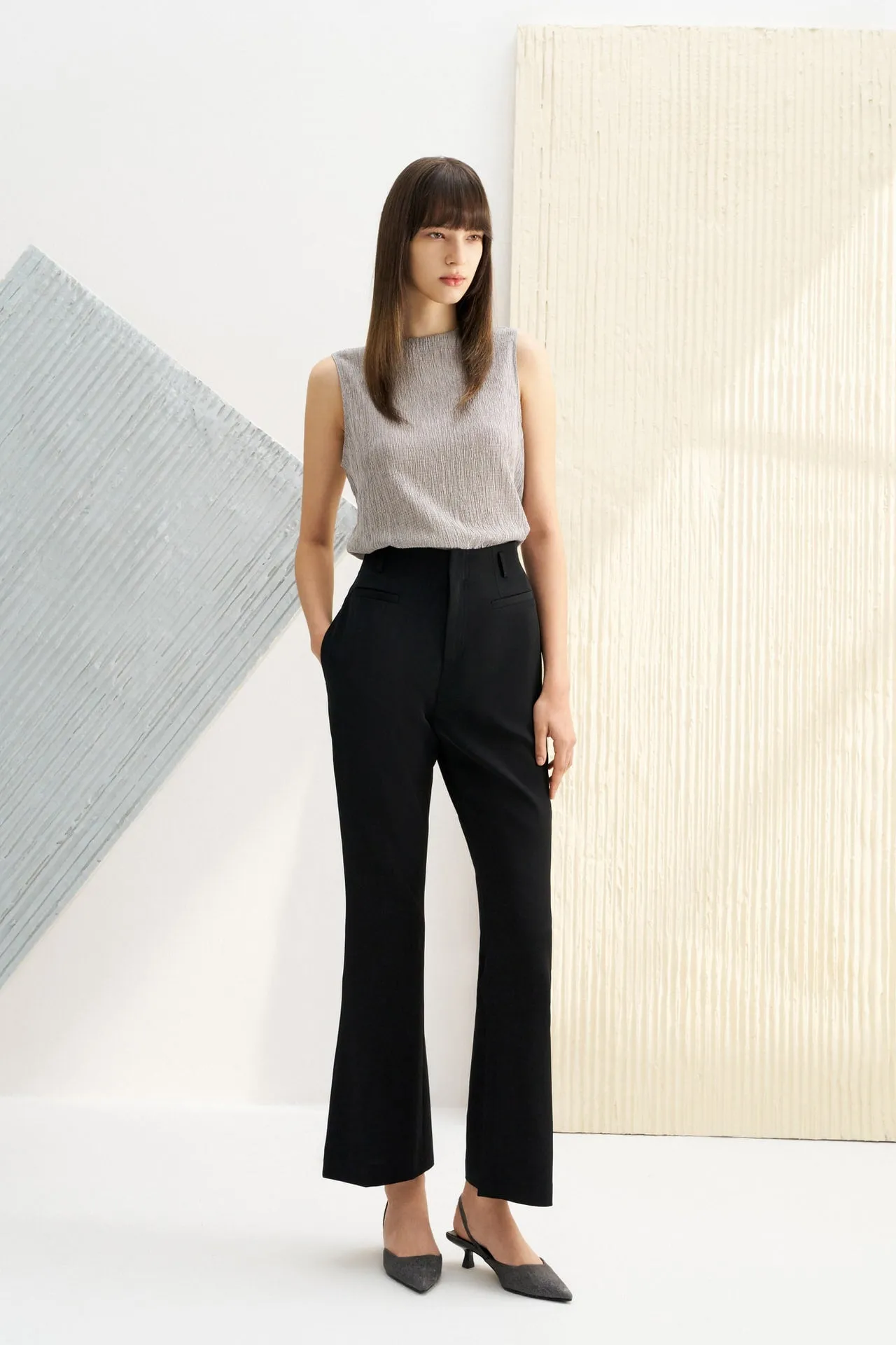 Flare Leg Dobby Twill High Waist Pants