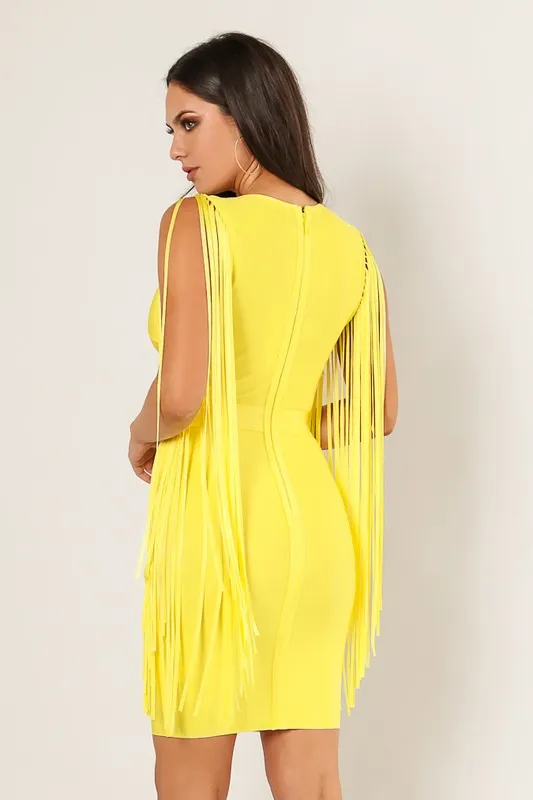 Fringe Sleeve Bandage Dress Lemon Color