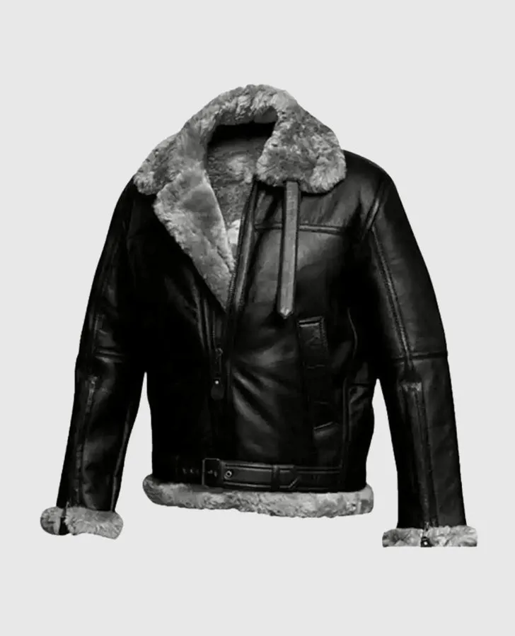 FUR Aviator Flying Pilot Bomber Black Jacket
