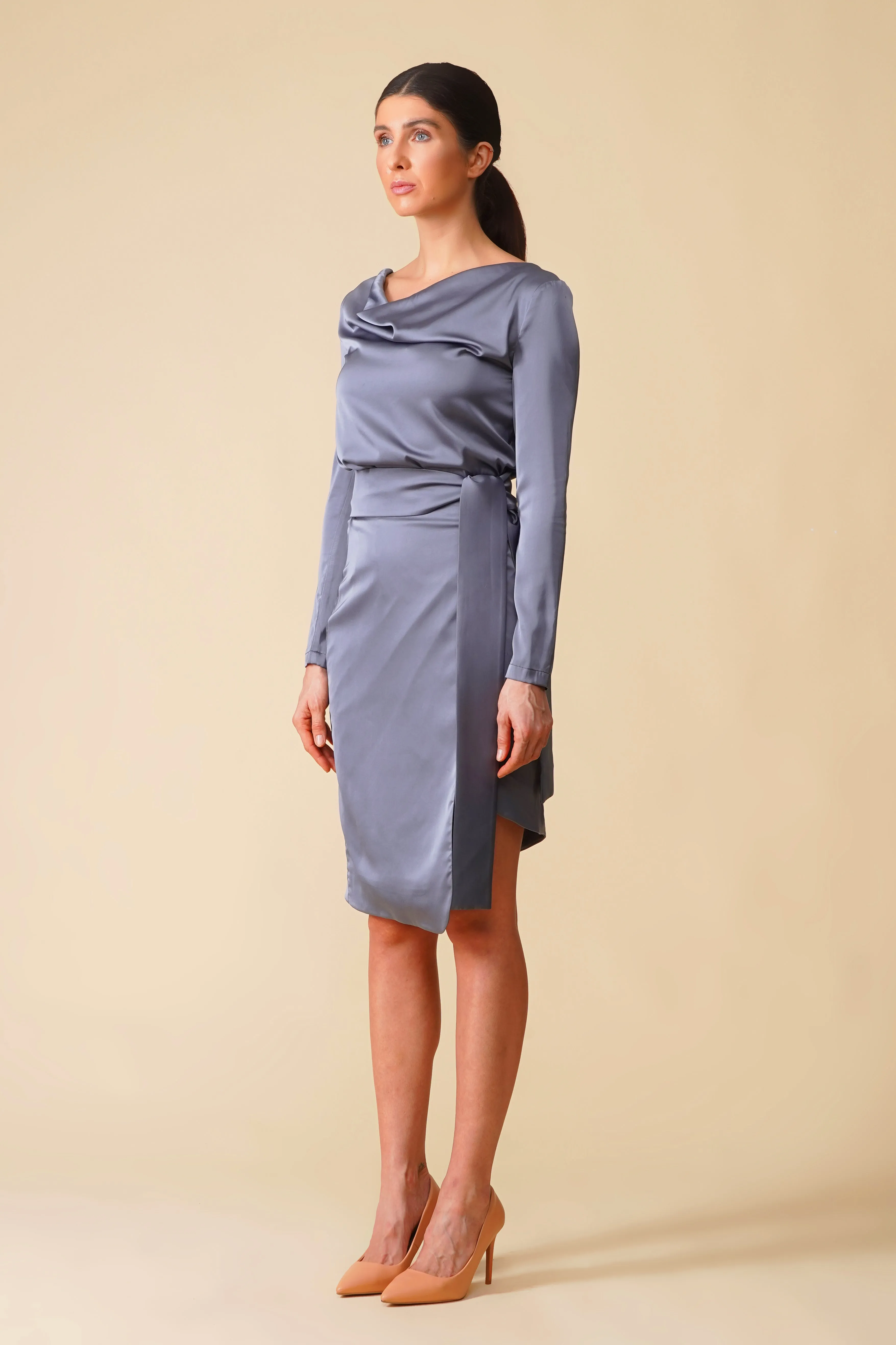 Gray cowl neck long sleeve satin midi dress