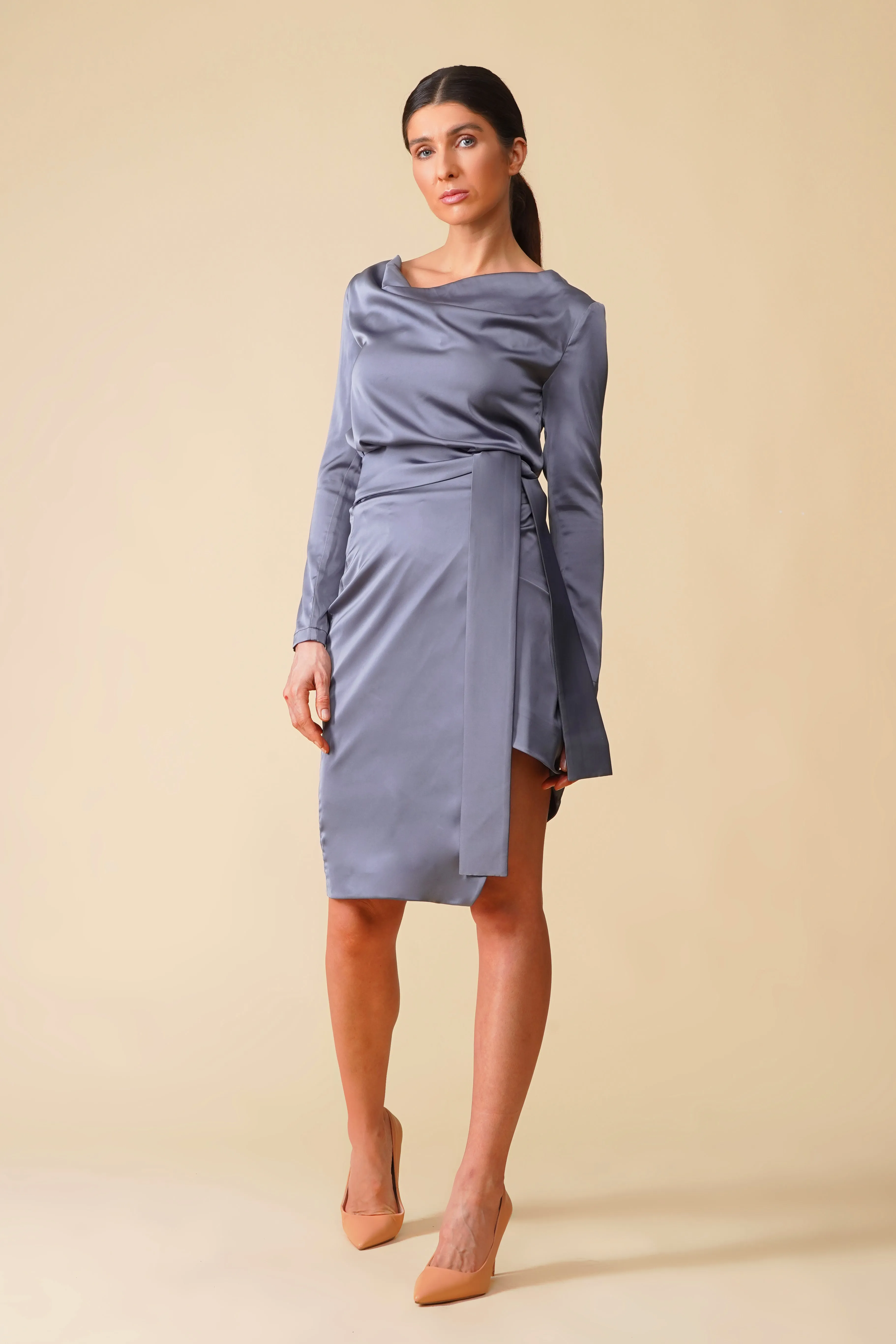 Gray cowl neck long sleeve satin midi dress