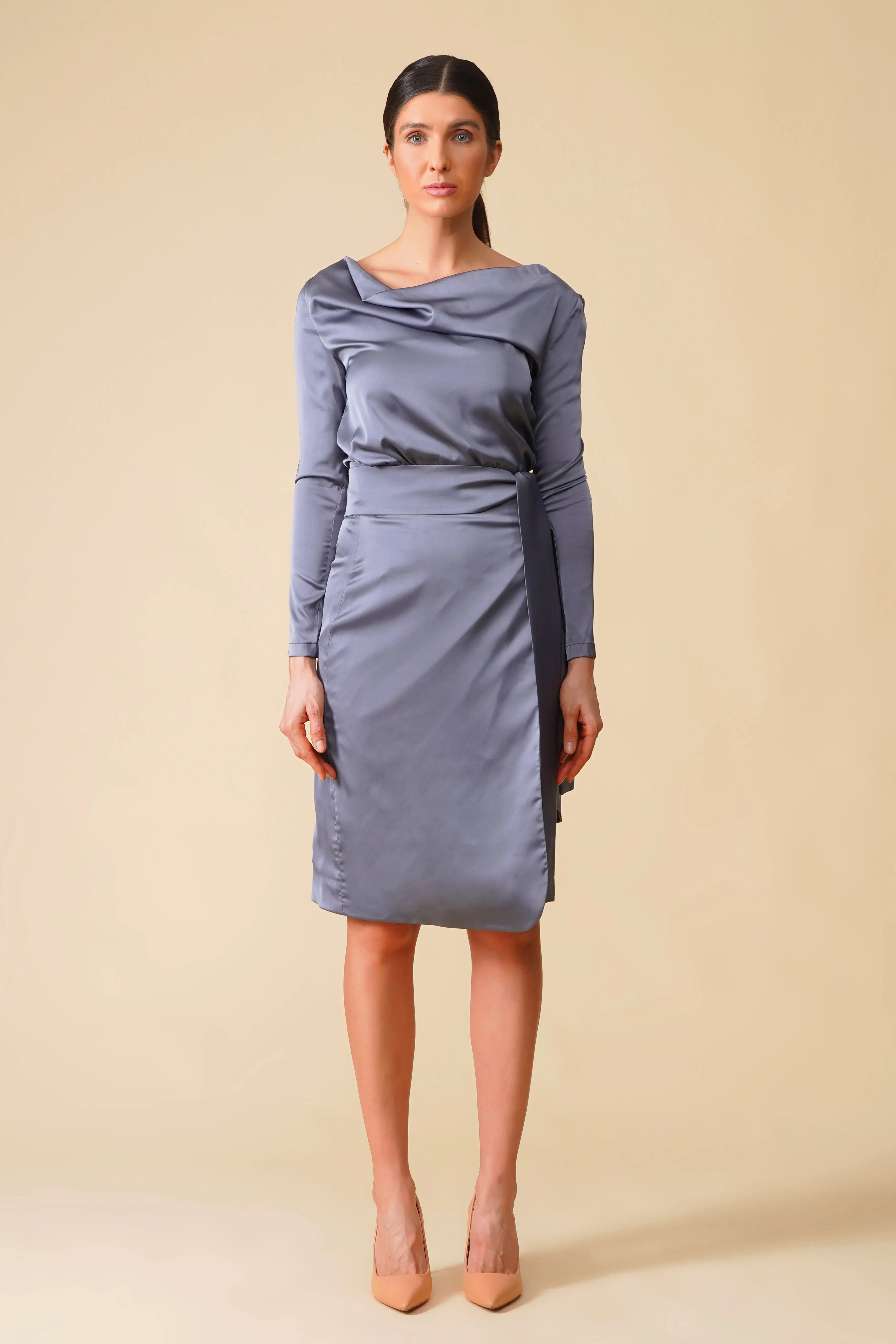 Gray cowl neck long sleeve satin midi dress