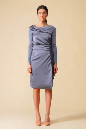 Gray cowl neck long sleeve satin midi dress