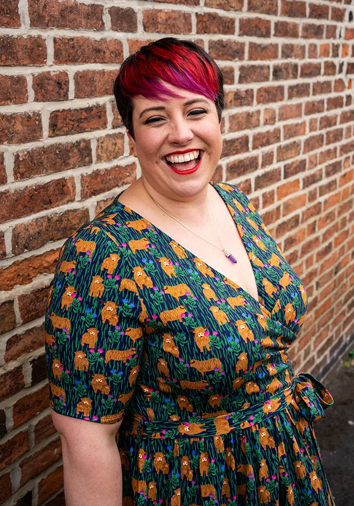 Heather Highland Cow Print Cotton Midi Dress
