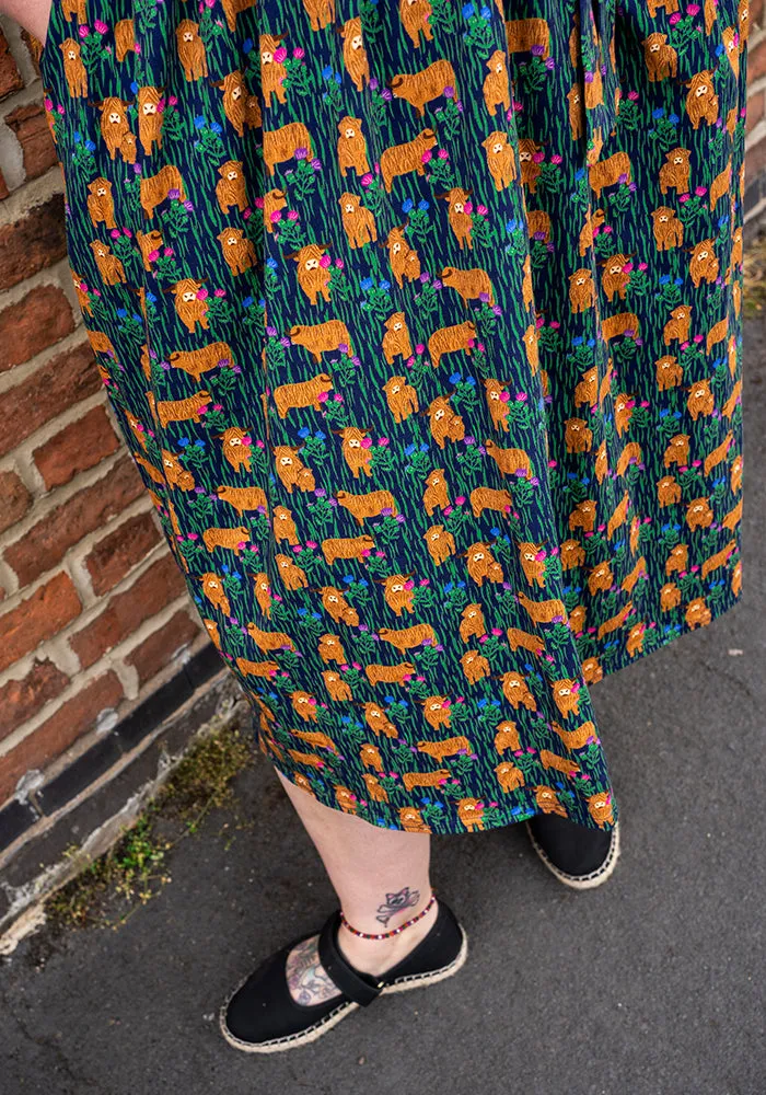 Heather Highland Cow Print Cotton Midi Dress