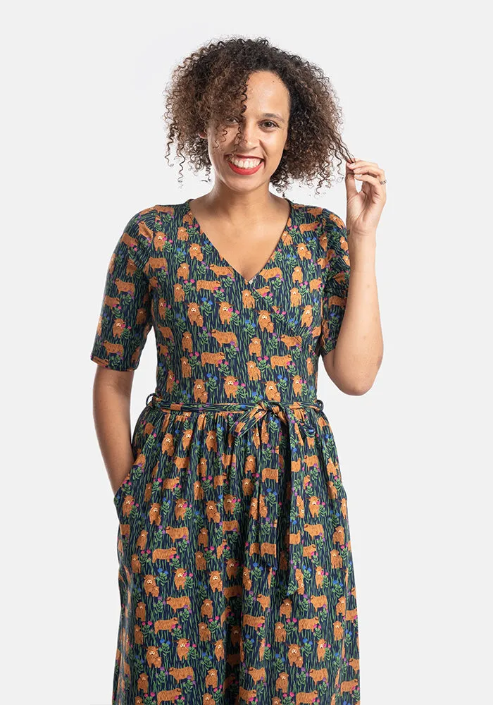 Heather Highland Cow Print Cotton Midi Dress