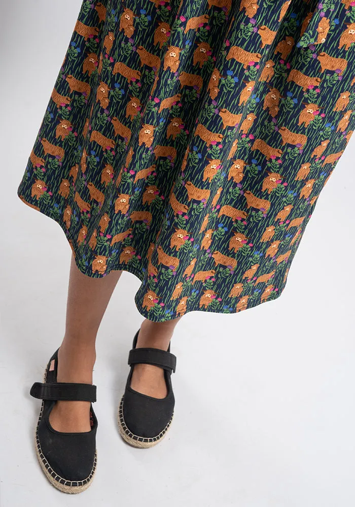 Heather Highland Cow Print Cotton Midi Dress