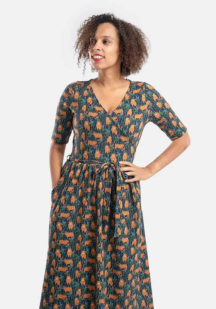 Heather Highland Cow Print Cotton Midi Dress