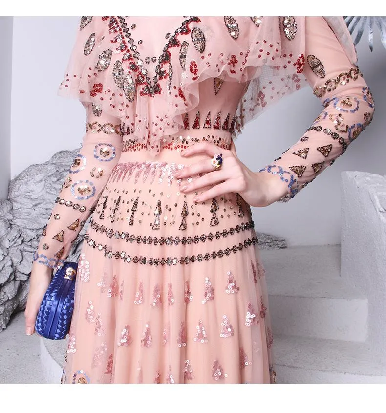 High-end elegant indian wedding Heavy-duty hand embroidered sequins Indian Saree gown - Janika