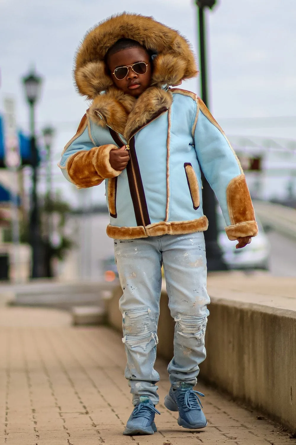 Kids El Jefe Shearling Moto Jacket (Sky)