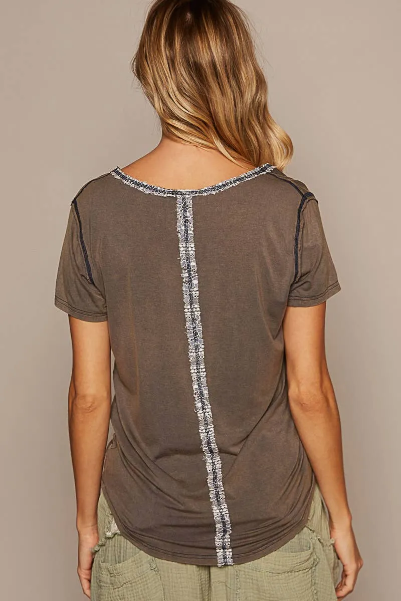 Lace trim Top- V-neck short sleeve button placket lace trim basic knit top: