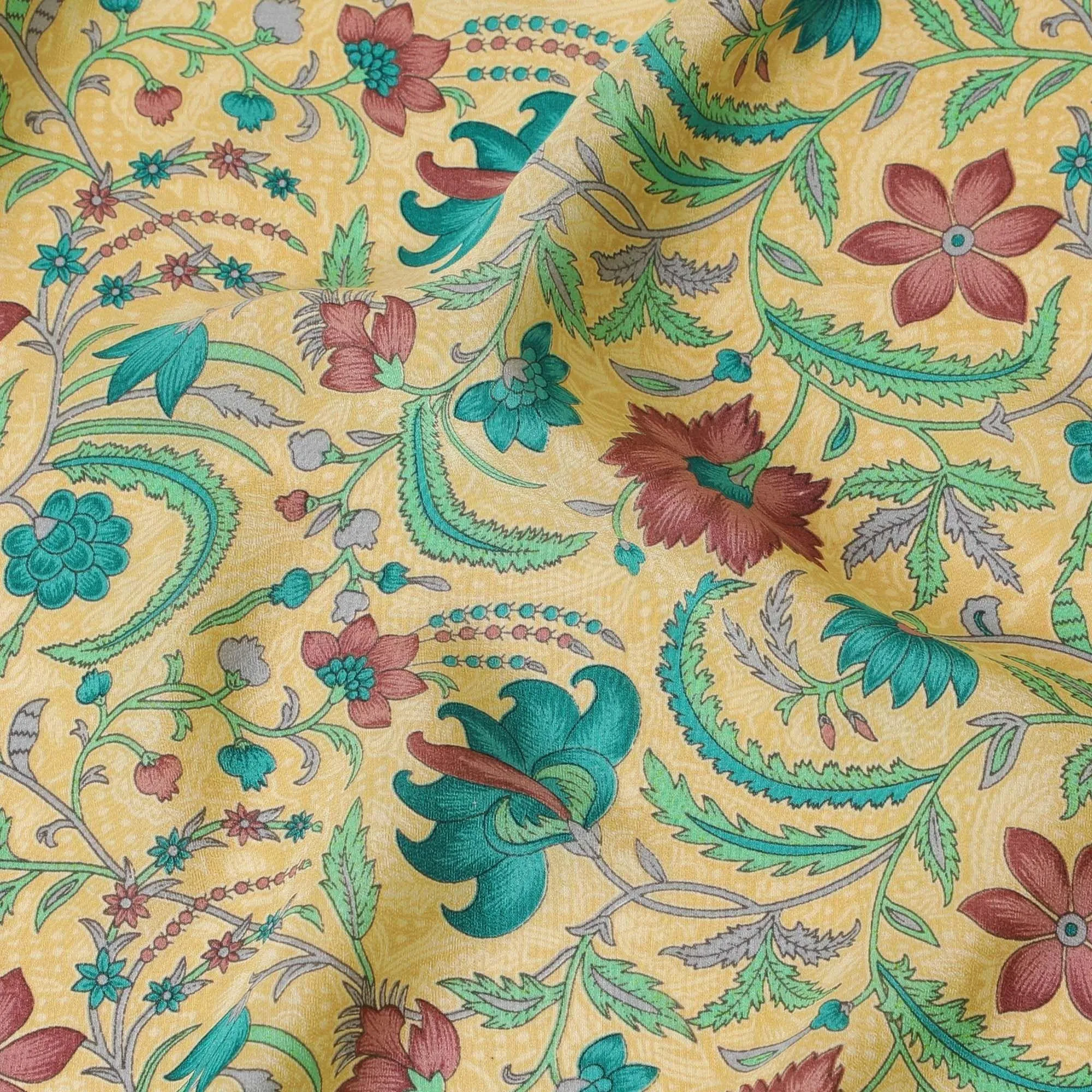Mellow yellow pure silk crepe fabric with multicolor print in floral design-D8115
