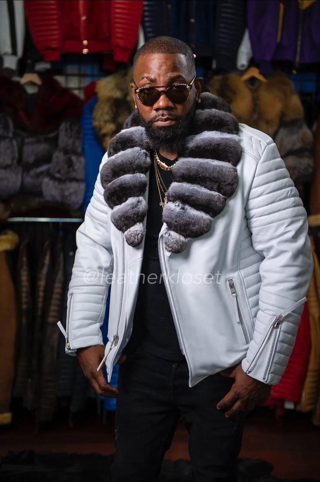 Men's Jay Biker Black Real Chinchilla Collar [White]