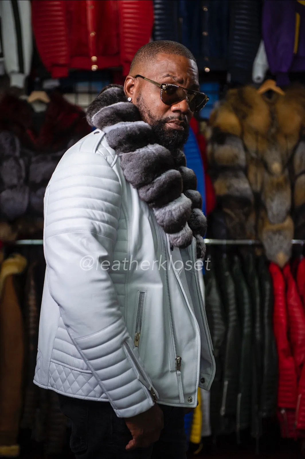 Men's Jay Biker Black Real Chinchilla Collar [White]