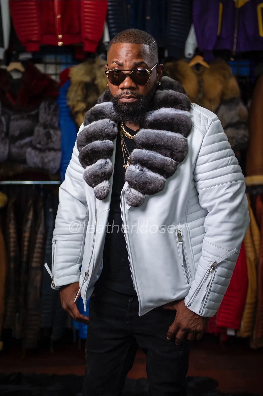 Men's Jay Biker Black Real Chinchilla Collar [White]