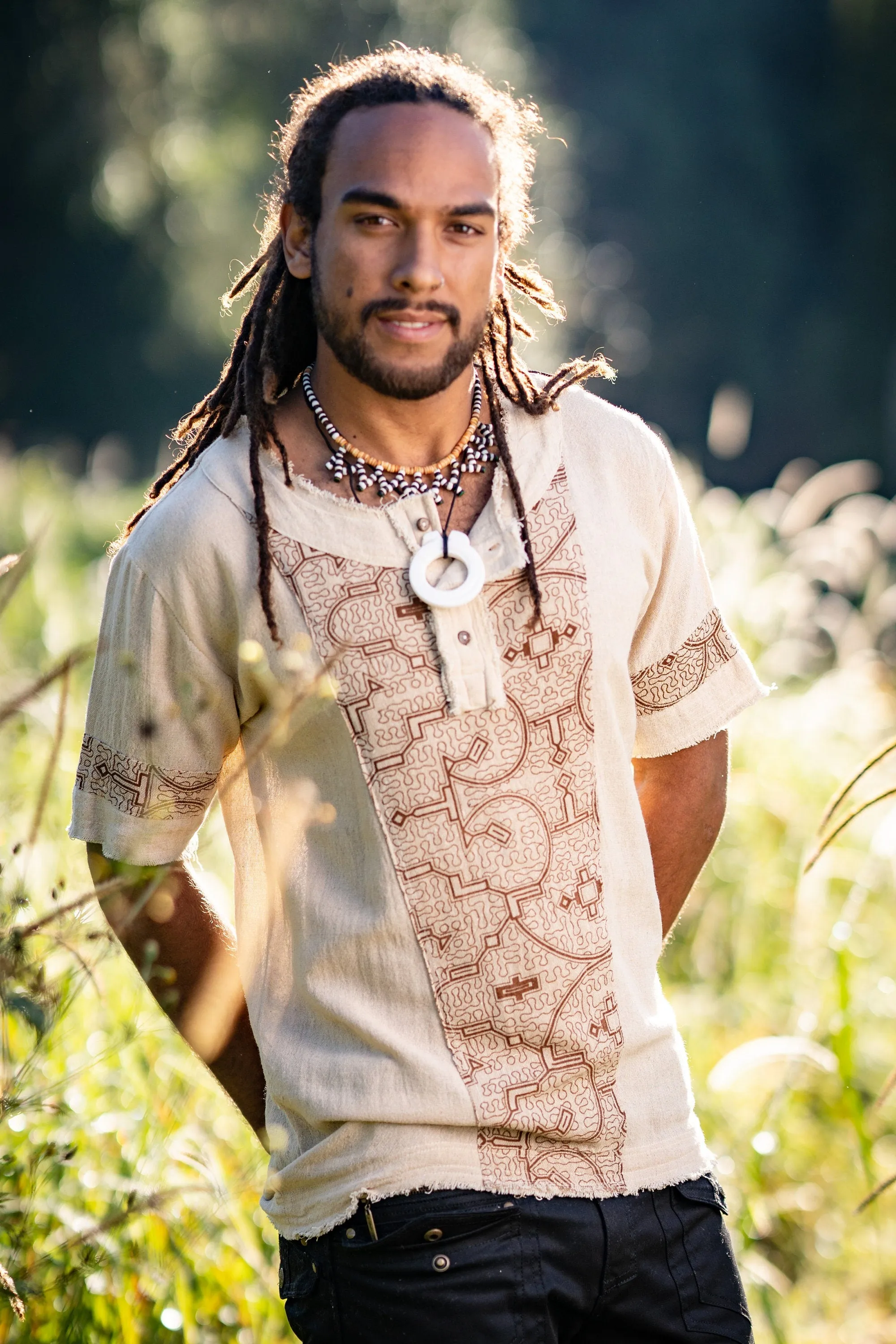 Mens WASKA Top Black Sacred Plant Shipibo Shaman Pattern T Shirt Shamanic Neo Tribal Gypsy Ritual Festival Ceremony Ethnic Handmade AJJAYA