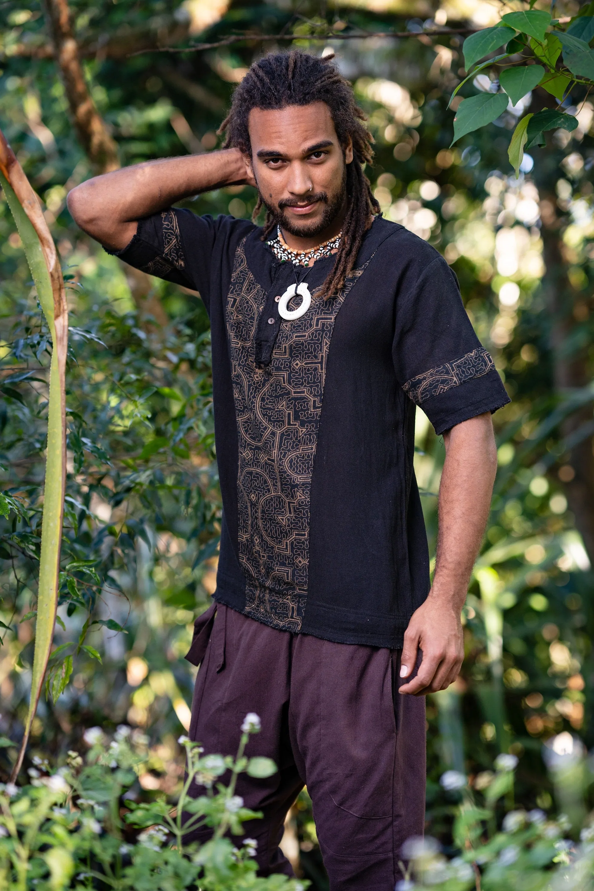 Mens WASKA Top Black Sacred Plant Shipibo Shaman Pattern T Shirt Shamanic Neo Tribal Gypsy Ritual Festival Ceremony Ethnic Handmade AJJAYA