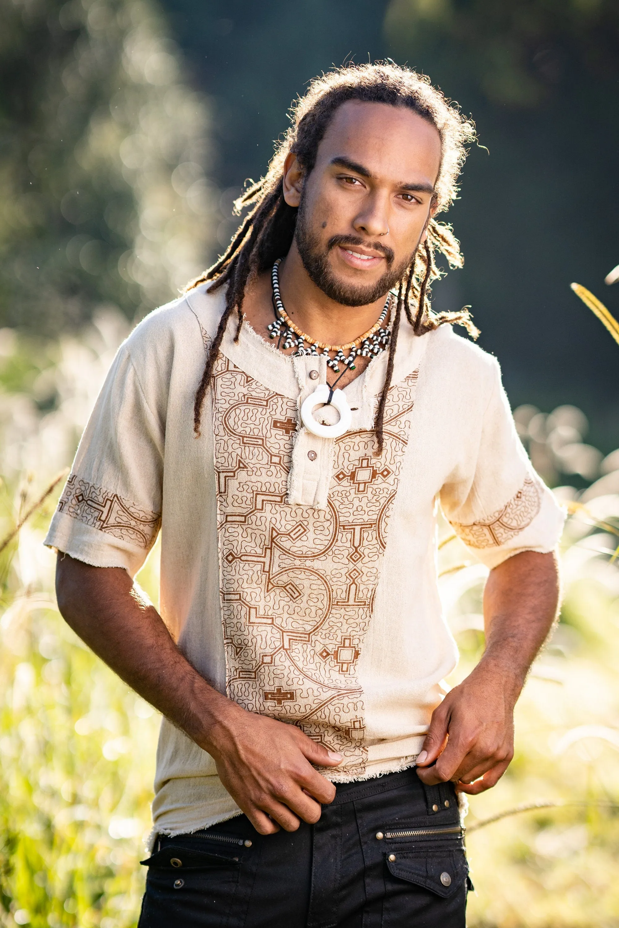 Mens WASKA Top Black Sacred Plant Shipibo Shaman Pattern T Shirt Shamanic Neo Tribal Gypsy Ritual Festival Ceremony Ethnic Handmade AJJAYA