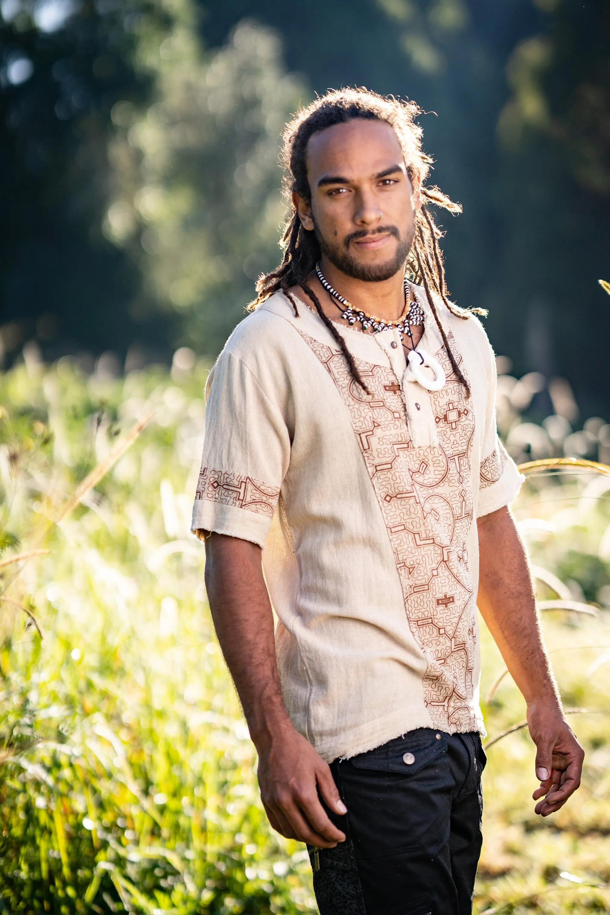 Mens WASKA Top Black Sacred Plant Shipibo Shaman Pattern T Shirt Shamanic Neo Tribal Gypsy Ritual Festival Ceremony Ethnic Handmade AJJAYA