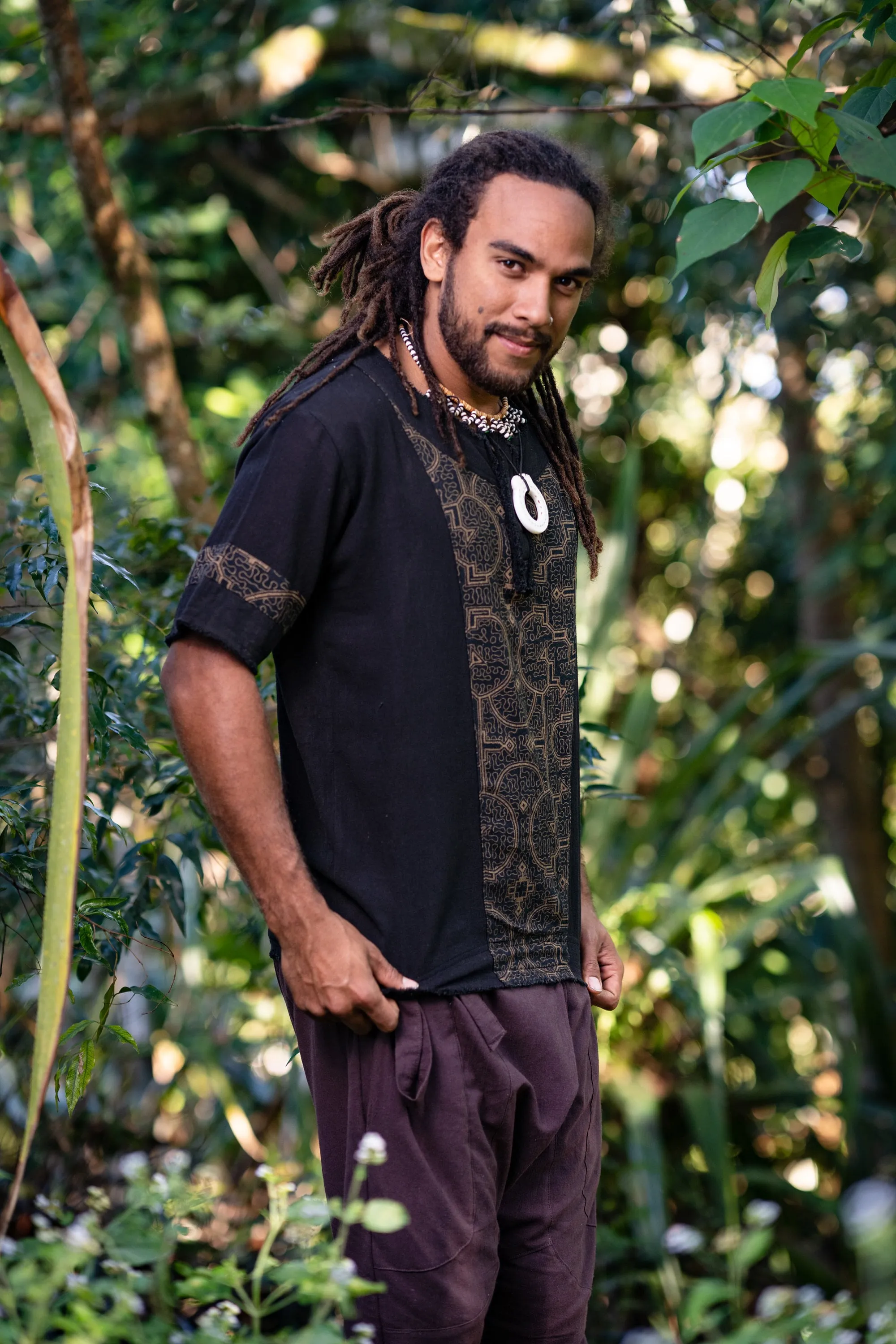 Mens WASKA Top Black Sacred Plant Shipibo Shaman Pattern T Shirt Shamanic Neo Tribal Gypsy Ritual Festival Ceremony Ethnic Handmade AJJAYA
