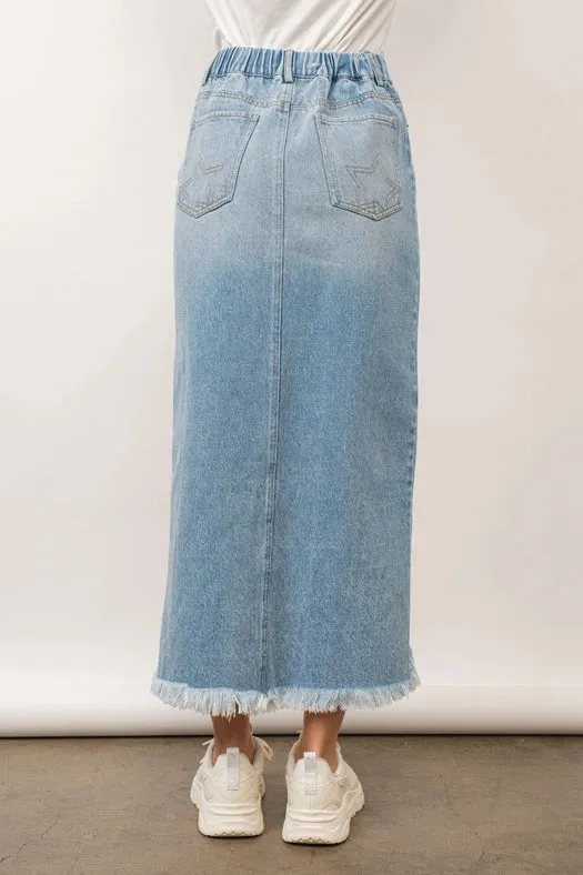 Off Kilter Elastic Back Waist Denim Skirt LIGHT WASH