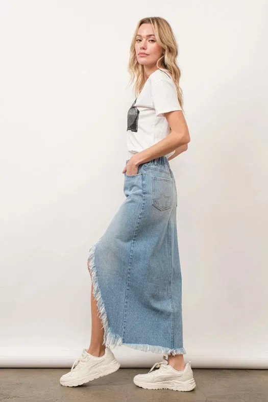 Off Kilter Elastic Back Waist Denim Skirt LIGHT WASH